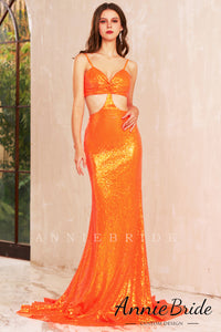 Cute Mermaid Sweetheart Cutout Orange Sequins Long Prom Dress AB4010704