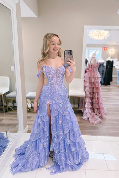Gorgeous Ball Gown Off the Shoulder Lavender Tiered Sequins Lace Prom Dress with Slit AB25022312