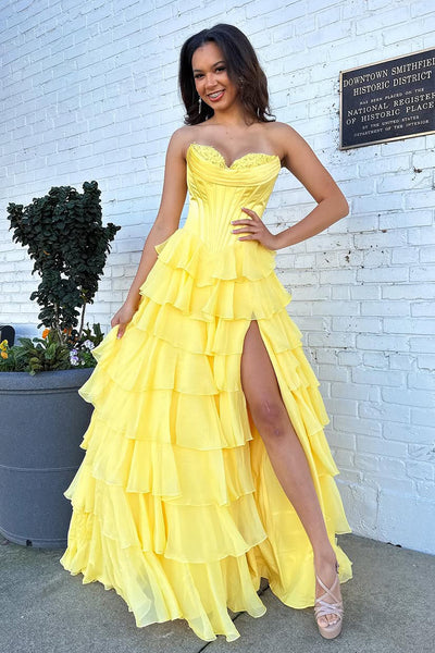 Cute Ball Gown Sweetheart Blue Chiffon Tiered Prom Dress with Slit AB25012001