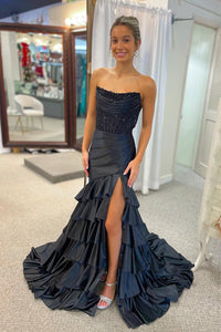 Cute Mermaid Scoop Neck Black Tiered Prom Dress with Appliques AB25010206