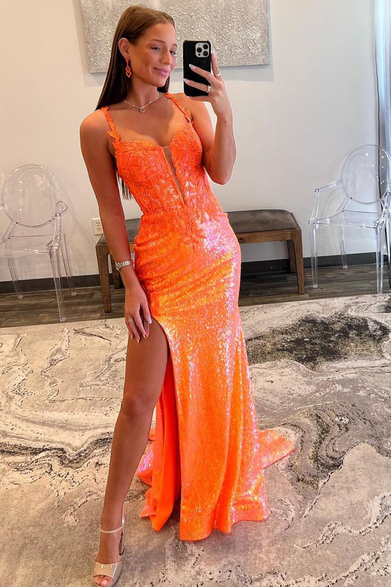 Sparkly Mermaid V Neck Orange Sequins Lace Long Prom Dresses with Slit AB091201