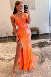 Sparkly Mermaid V Neck Orange Sequins Lace Long Prom Dresses with Slit AB091201