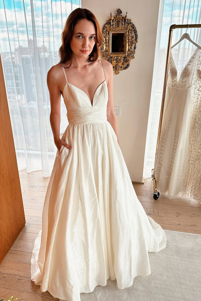 Vintage A Line V Neck Champagne Satin Wedding Dress AB2412507 Vintage A Line V Neck Champagne Satin Wedding Dress AB2412507