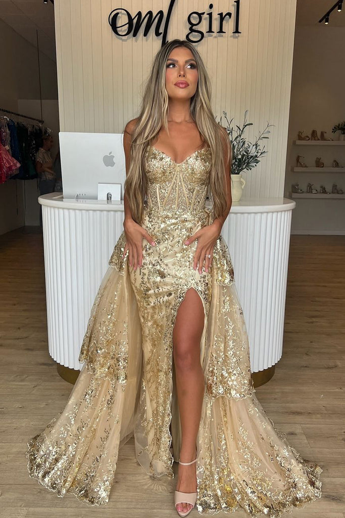 Charming Mermaid Sweetheart Gold Sequins Lace Prom Dresses with Slit AB24092107 Charming Mermaid Sweetheart Gold Sequins Lace Prom Dresses with Slit AB24092107
