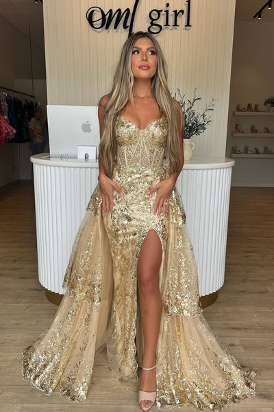Charming Mermaid Sweetheart Gold Sequins Lace Prom Dresses with Slit AB24092107