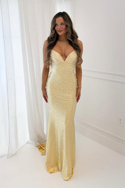 Sparkly Mermaid V Neck Yellow Satin Pearls Prom Dress with Slit AB021506