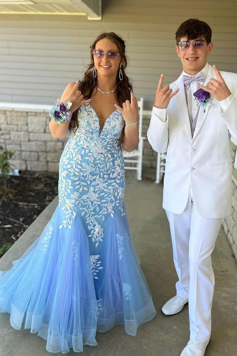 Cute Mermaid V Neck Light Blue Sequins Long Prom Dresses AB101905
