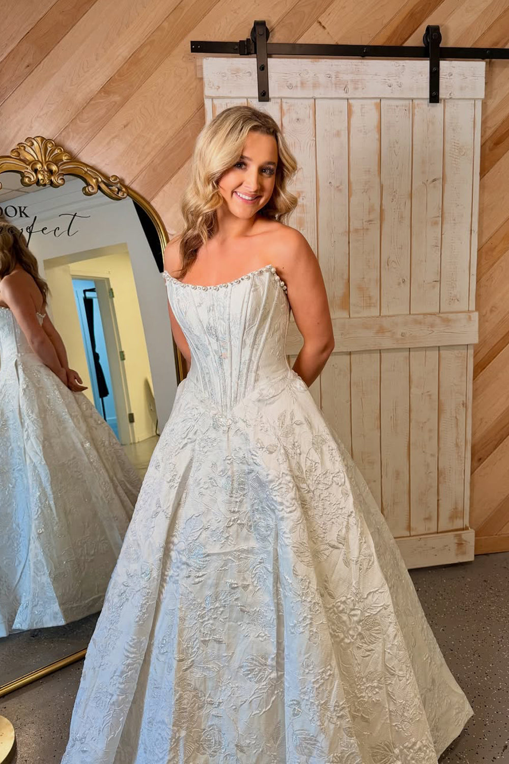 Cute A Line Scoop Neck White Jacquard Satin Long Prom Dress with Beading AB25102704