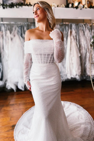 Fashion Mermaid Off the Shoulder White Sequins Long Wedding Dresses with Sleeves AB100306