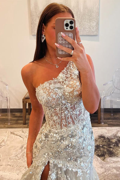 Mermaid One Shoulder Grey Sequins Lace Long Prom Dress with Slit AB4050403