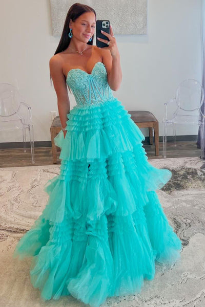 Cute A Line Sweetheart Mint Tulle Tiered Long Prom Dresses with Appliques AB122408