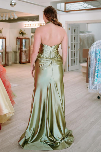 Classic Mermaid Halter Sage Green Satin Long Prom Dress with Slit AB4032203