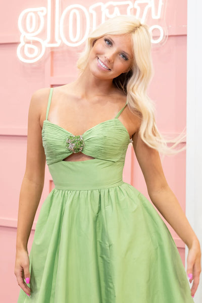 Cute A Line V Neck Green Satin Long Prom Dress AB26032203