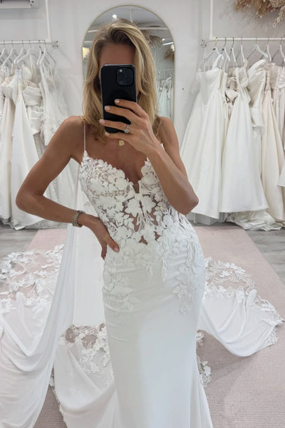 Mermaid V Neck Satin Wedding Dress with Appliques AB25122210