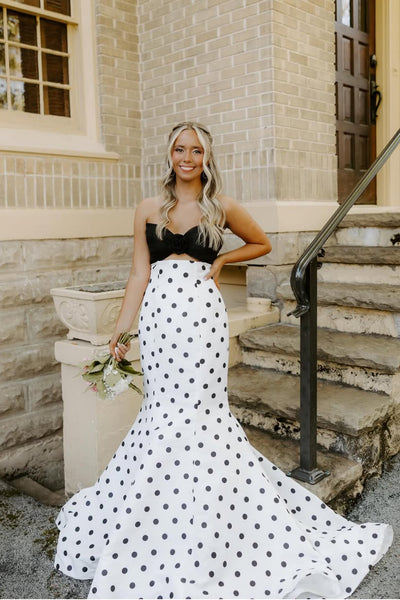 Mermaid Strapless Keyhole White Black Dot Satin Prom Dress AB26041706