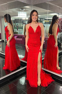 Cute Mermaid V Neck Red Lace Prom Dress with Slit AB4012805