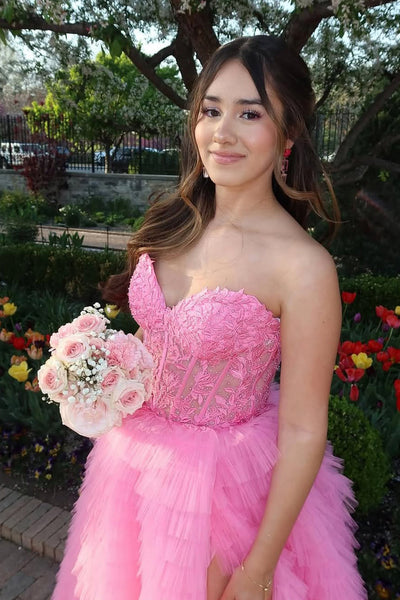 Cute Ball Gown Sweetheart Pink Tiered Tulle Prom Dress with Slit AB250534