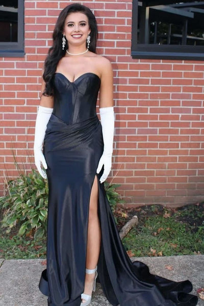 Cute Mermaid Strapless Fuchsia Satin Mermaid Prom Dress with Slit AB25010401