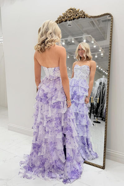 Cute A Line Strapless Lavender Floral Chiffon Lng Prom Dress with Slit AB26020906