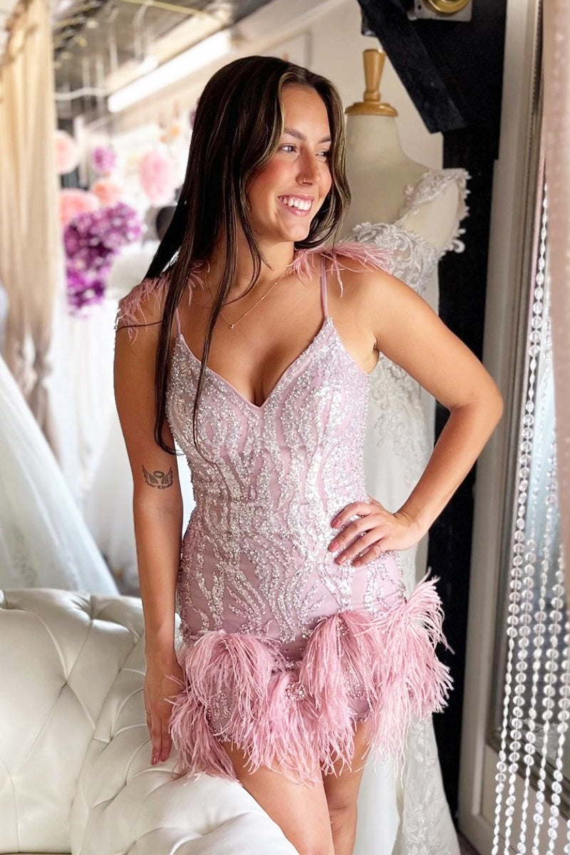 Cute Bodycon V Neck Pink Sparkly Short Homecoming Dresses with Beading AB091302