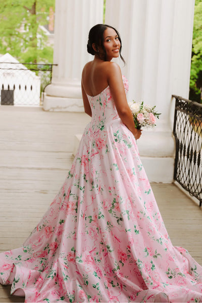 A Line Scoop Floral Satin Prom Dress with Slit AB26060112