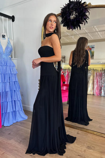 Cute Sheath Strapless Black Chiffon Prom Dress with Slit AB26010406