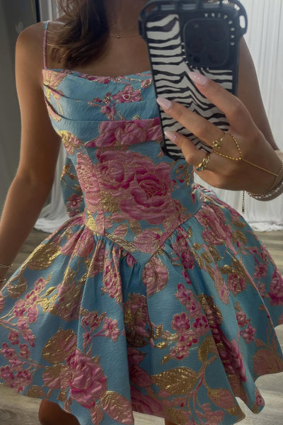 Cute A Line Spaghetti Straps Jacquard Satin Homecoming Dress AB26062813