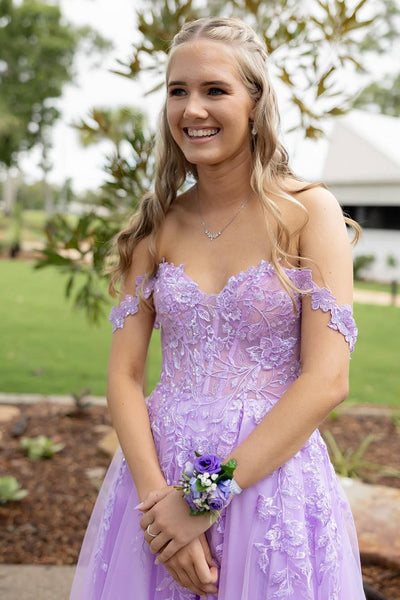 Cute A Line Sweetheart Lavender Tulle Prom Dress with Appliques AB25052831