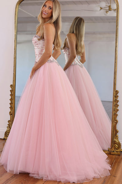 A Line Sweetheart Light Pink Tulle Long Prom Dress with Beading AB26102106