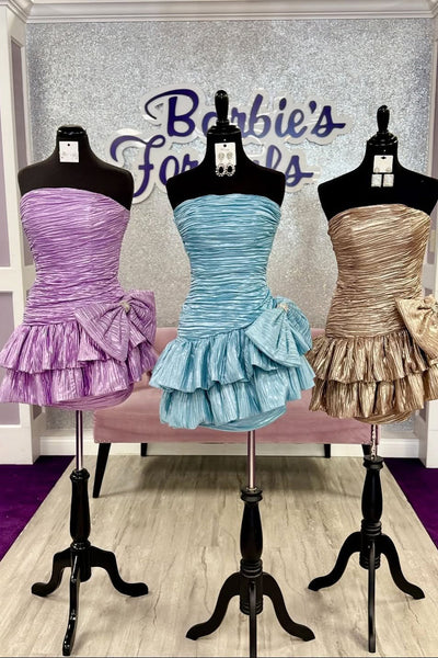 Cute Sheath Strapless Pleat Satin Homecoming Dress with Bow AB05060209