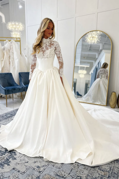Elegant Ball Gown High Neck Satin Wedding Dress with Long Sleeves AB25112707