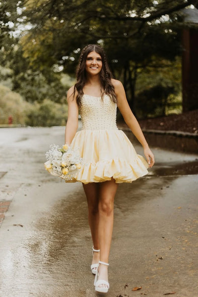 Cute A Line Scoop Neck Daffodial Tulle Homecoming Dress with Beading AB25090801