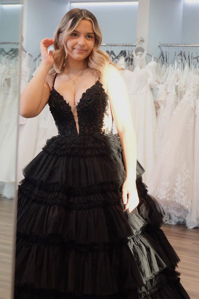 Princess V Neck Black Tiered Tulle Long Prom Dresses AB4030104