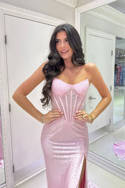 Gorgeous Mermaid Strapless Pink Satin Rhinestone Long Prom Dress with Slit AB25100404