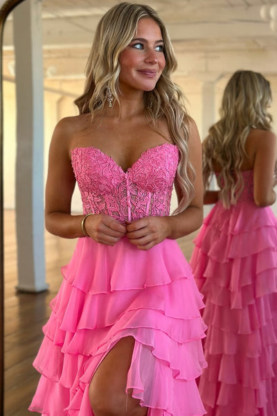 Cute A Line Sweetheart Blue Chiffon Tiered Prom Dress with Slit AB25013107