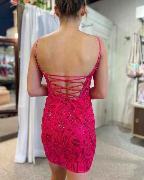 Cute Bodycon Scoop Neck Fuchsia Sequins Lace Short Homecoming Dresses ABHC061843