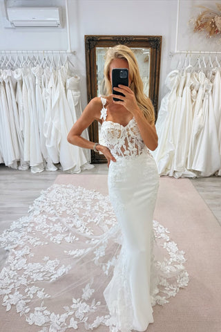 Gorgeous Mermaid V Neck Elastic Satin Wedding Dress with Appliques AB25112410