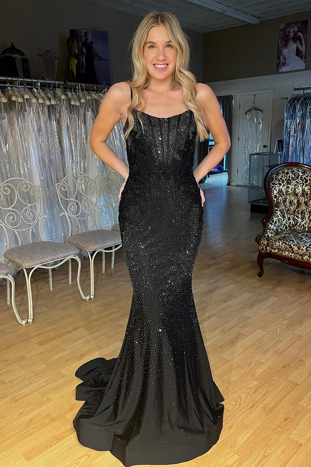 Charming Mermaid Scoop Neck Black Sparkly Prom Dresses AB24102313