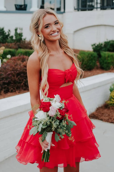 Cute A Line V Neck Keyhole Red Tiered Chiffon Homecoming Dress AB25100409