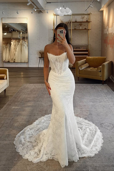 Bohomian Mermaid Scoop Neck Lace Wedding Dress with Appliques AB25121501