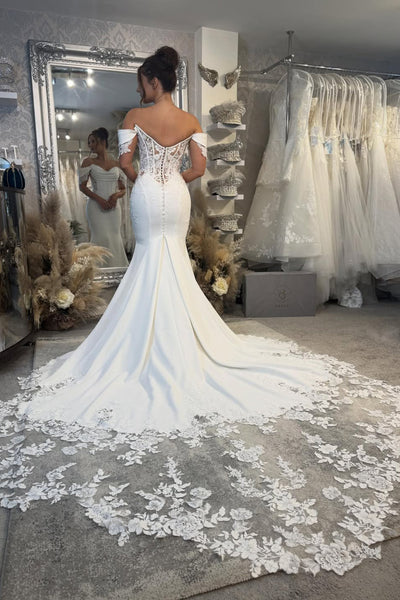 Elegant Mermaid Off the Shoulder Elastic Satin Wedding Dress with Appliques AB25112708