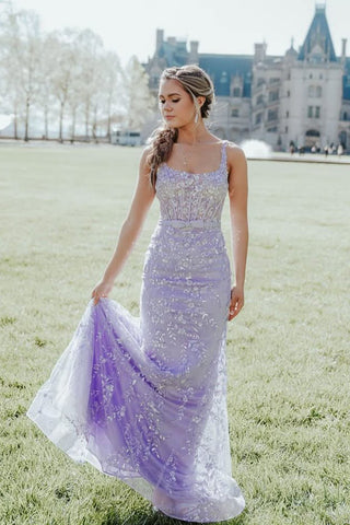 Fashion Mermaid Straps Lavender Long Prom Dresses with Beading Appliques AB25051106
