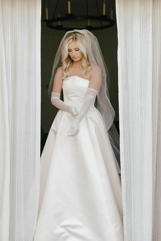 A-Line Strapless Satin Wedding Dresses with Train AB4051704