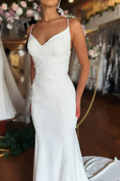 Charming Mermaid V Neck Elastic Satin Long Bridal Dresses with Appliques AB24110605
