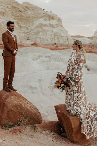 Exquisite Mermaid Long Sleeves Champagne Lace Wedding Dresses AB24070609
