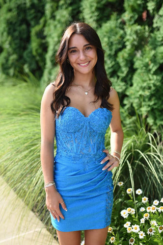 Cute Bodycon Sweetheart Blue Satin Homecoming Dresses with Appliques AB240901806