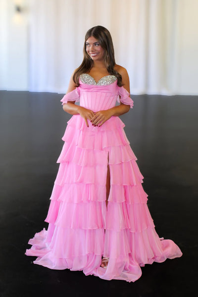 Gorgeous A Line Sweetheart Pink Chiffon Tiered Prom Dress with Beading AB25120601