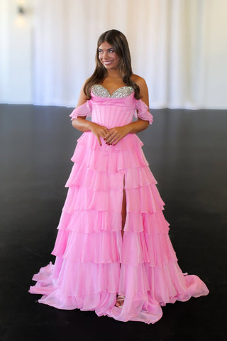 Gorgeous A Line Sweetheart Pink Chiffon Tiered Prom Dress with Beading AB25120601