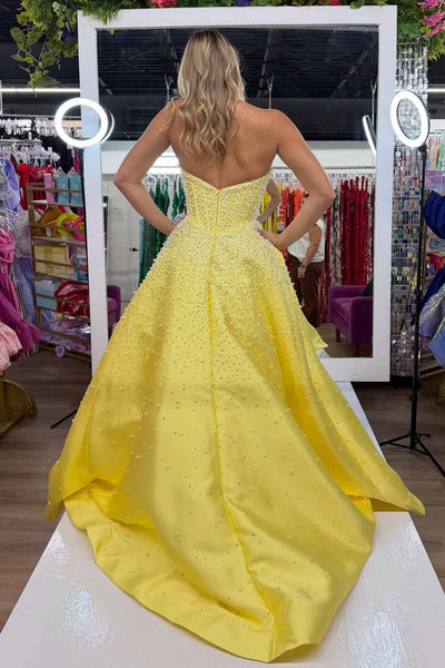 A Line V Neck Yellow Hot Fix Satin Prom Dress with Beading AB26102909
