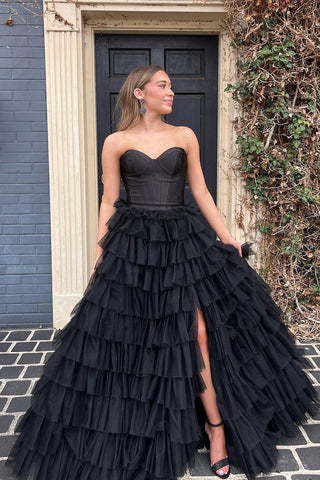 Cute Ball Gown Sweetheart Black Tulle Long Prom Dresses with Slit AB092103